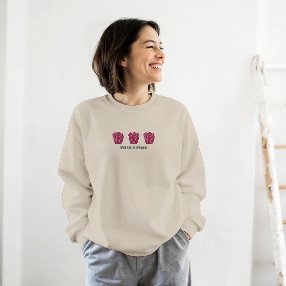 Gildan Beige Sweatshirt w/ Floral Design, Unisex Medium, Petals & Peace Crewneck - Picture 2 of 8